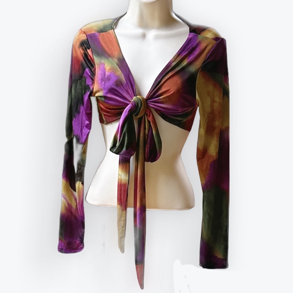Festival Fairycore Whimsical Tie-On Artsy Multi-Color Long Sleeve Crop Top ~ L